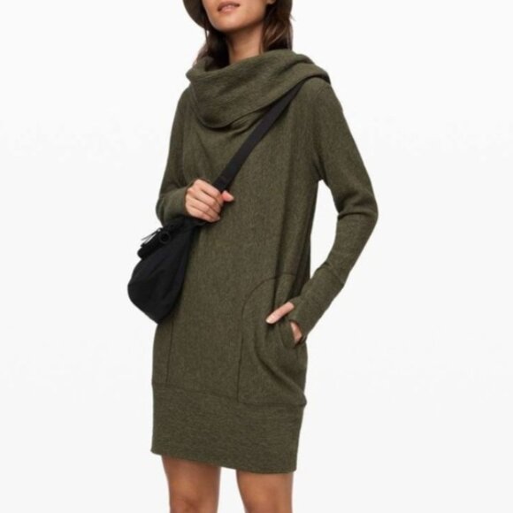 Lululemon Along The Way Dress Size M Dark Olive Green Cowl Neck Sweater Tunic - Picture 1 of 10